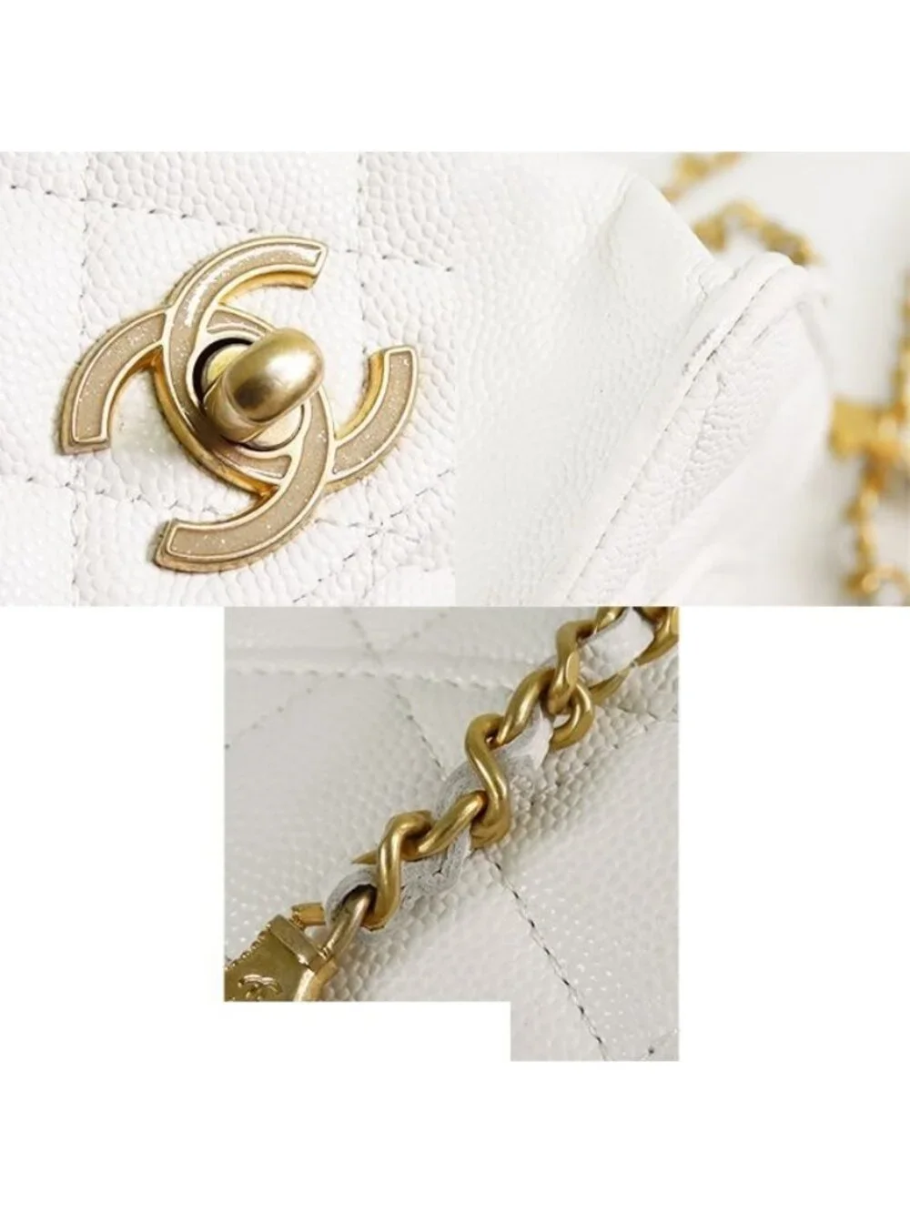 Chanel Chain Wallet White Gold Caviar Leather Charm Shoulder Bag
